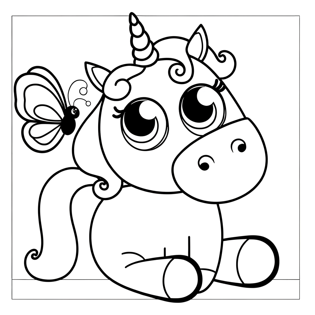 Coloring page of a friendly unicorn with a butterfly landing on its nose