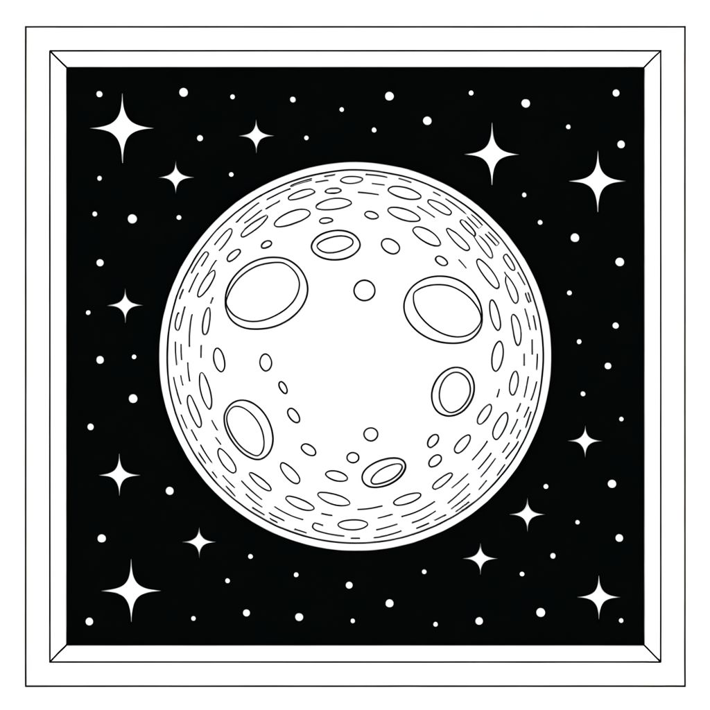 Coloring page showing a full moon glowing brightly in a starry night sky