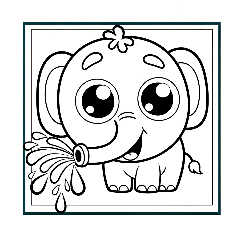 Coloring page of a gentle elephant spraying water with its trunk
