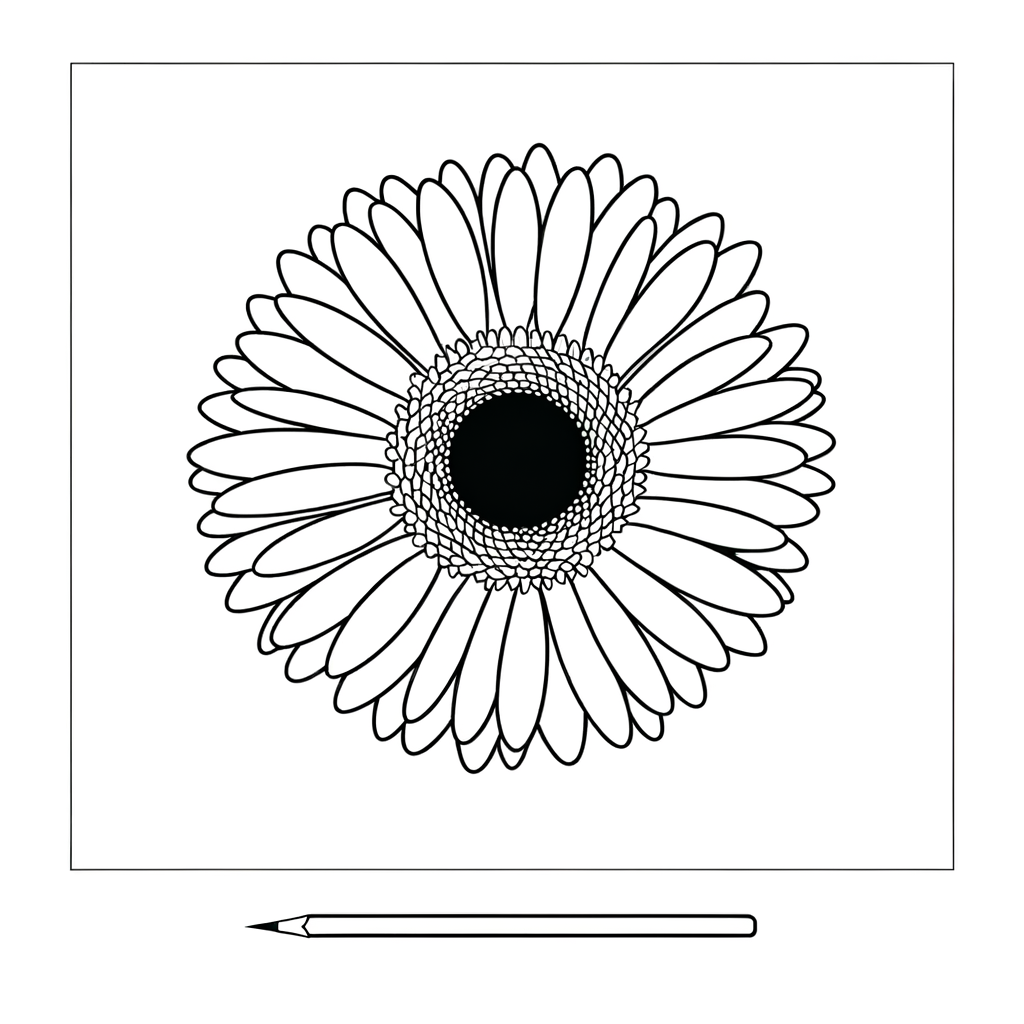 Gerbera daisy coloring page with bold black outlines showing detailed flower petals and center