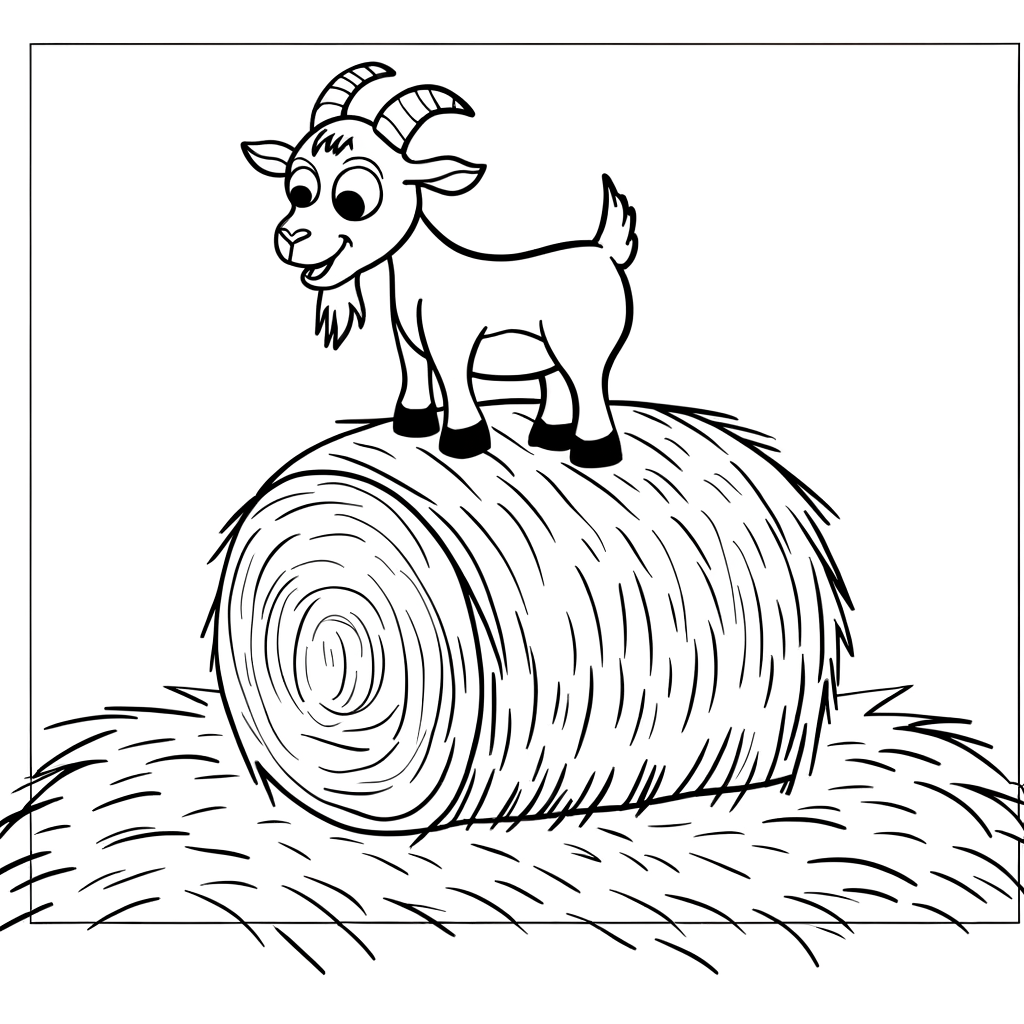 Coloring page of a goat standing on top of a hay bale