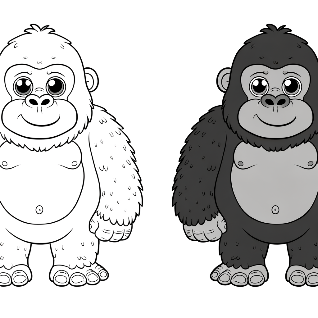 Coloring page illustration of a silverback gorilla standing upright in a majestic pose