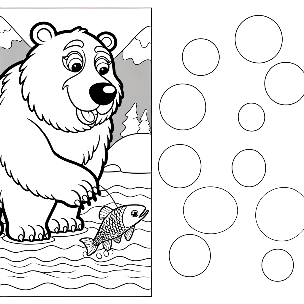 Coloring page illustration of a grizzly bear standing in a stream catching a fish with its paws