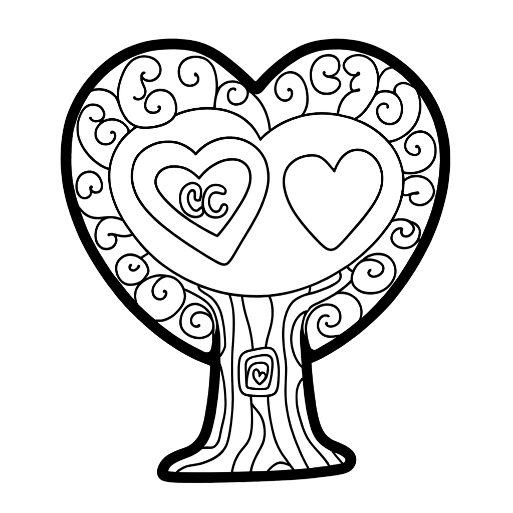 Coloring page of a heart-shaped tree with carved initials in the trunk
