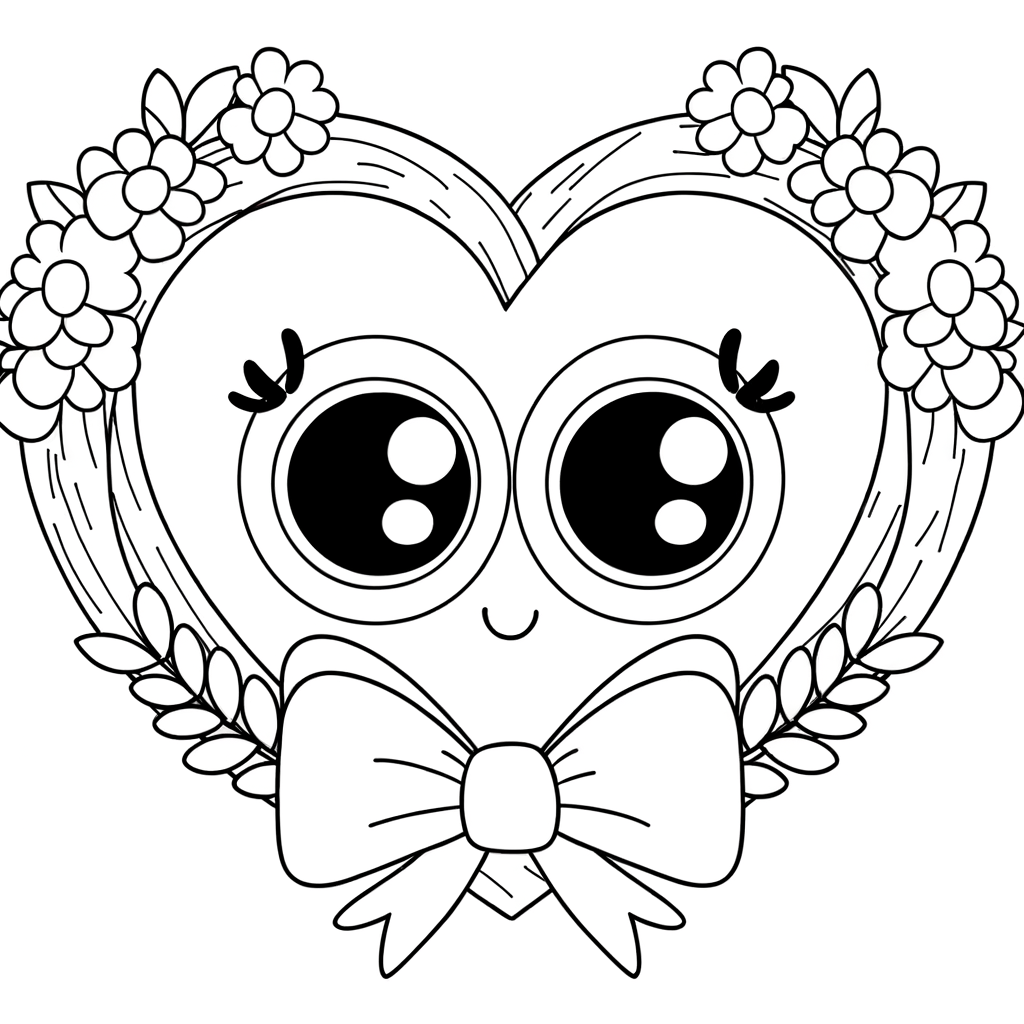 Heart wreath coloring page with flowers and ribbon design