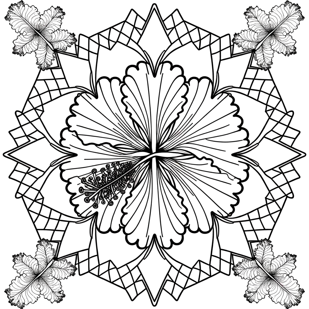 Hibiscus mandala coloring page featuring tropical flower patterns in symmetrical design