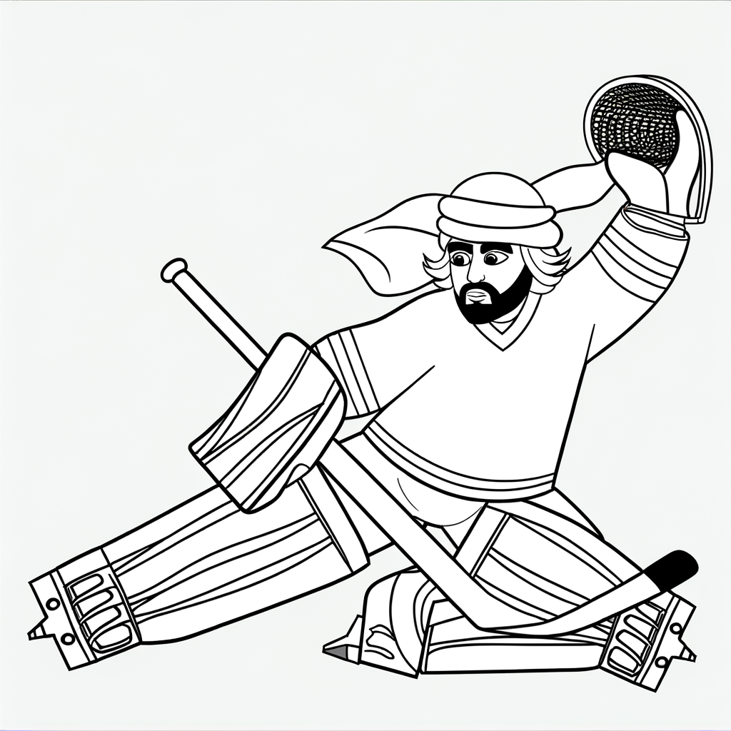 Coloring page of a hockey goalie in protective gear making a save at the goal net