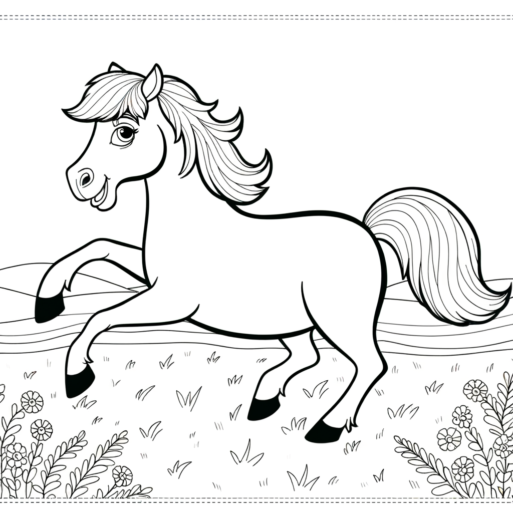 Coloring page of a horse galloping freely in a meadow with grass and flowers