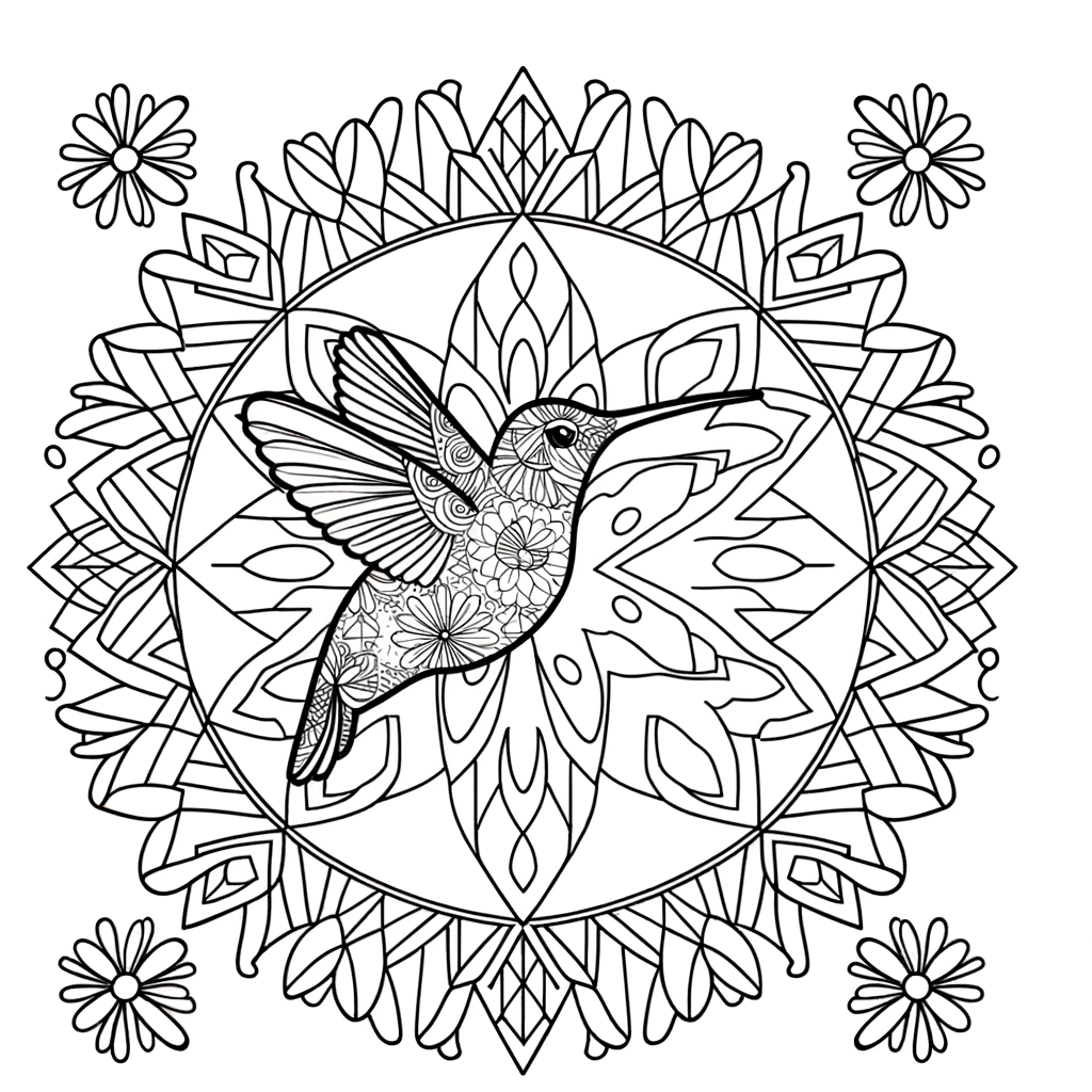 Intricate hummingbird mandala with floral elements coloring page