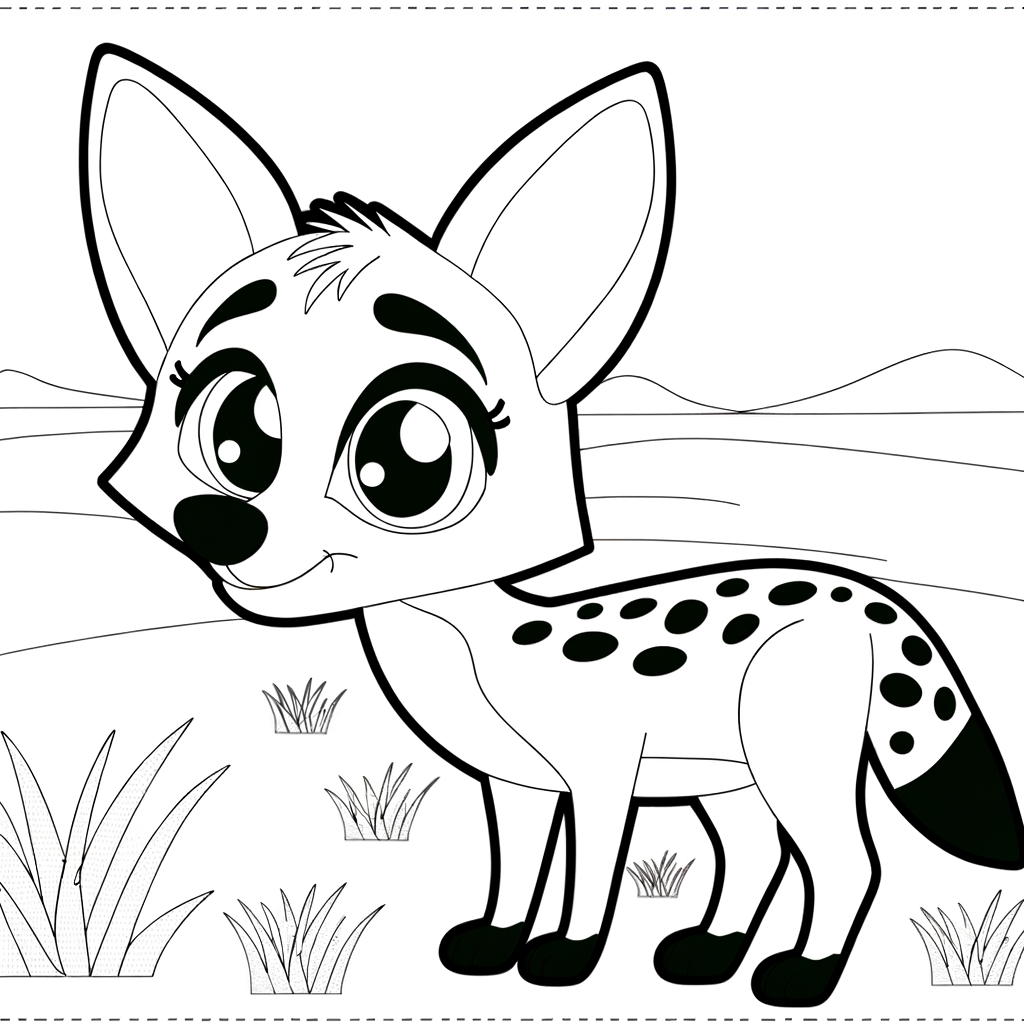 Coloring page of a jackal standing on African plains with savanna landscape