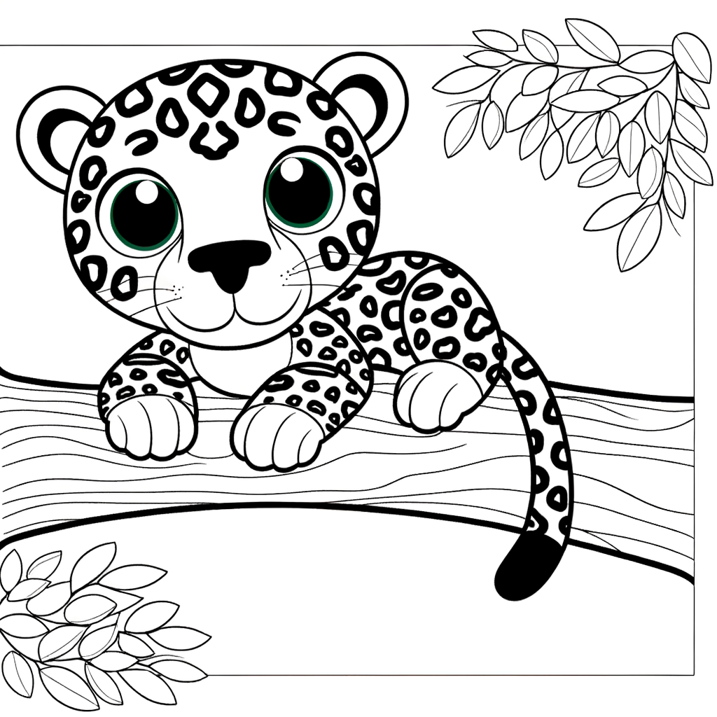 Coloring page of a jaguar resting on a thick tree branch