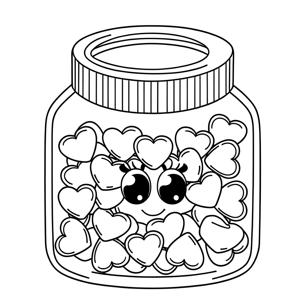 Coloring page of a jar filled with heart-shaped candies