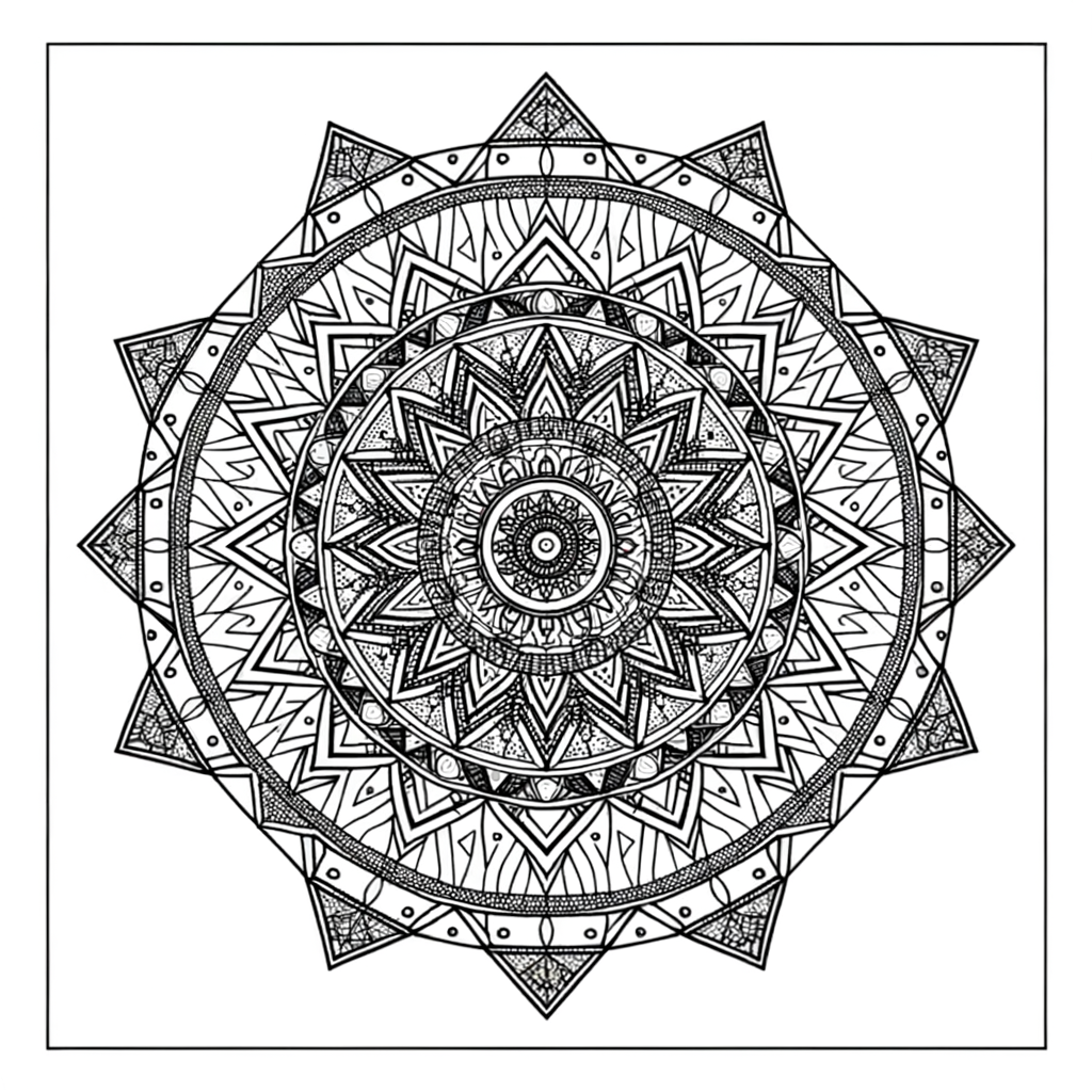 Kaleidoscope mandala coloring page with intricate geometric patterns and symmetrical designs