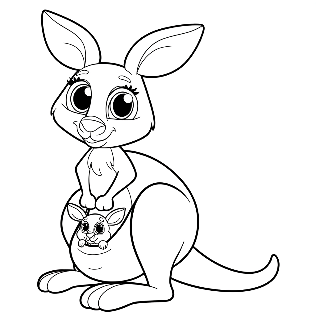 Kangaroo coloring page showing mother kangaroo with baby joey peeking from pouch