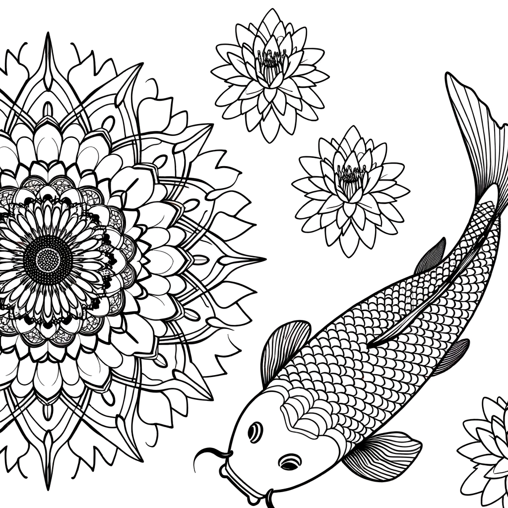 Koi fish mandala coloring page with water lilies in circular pattern