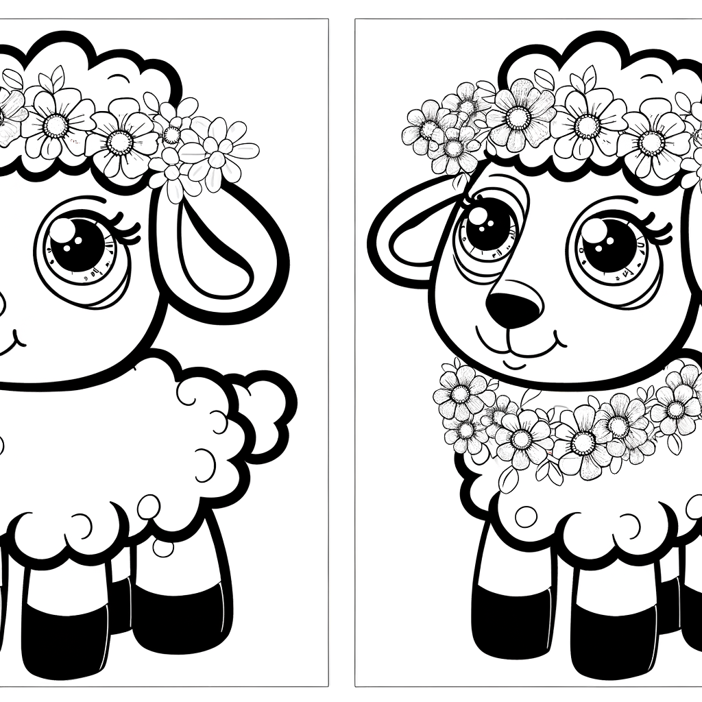 Coloring page of a cute lamb wearing a decorative flower wreath collar around its neck