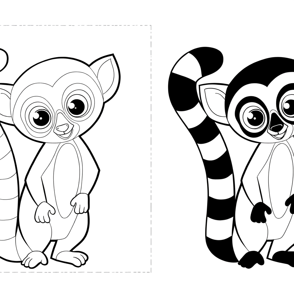 Coloring page illustration of a cute lemur with large round eyes and a long striped tail