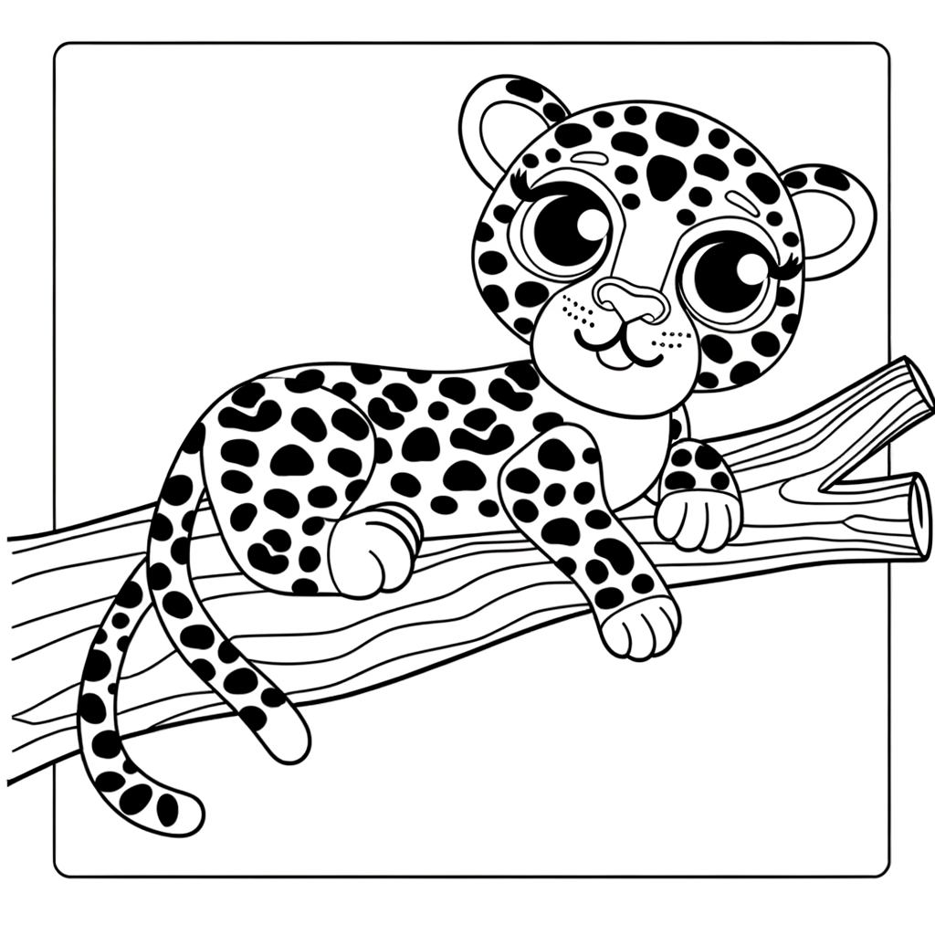 Coloring page illustration of a leopard with spotted coat resting on a tree branch