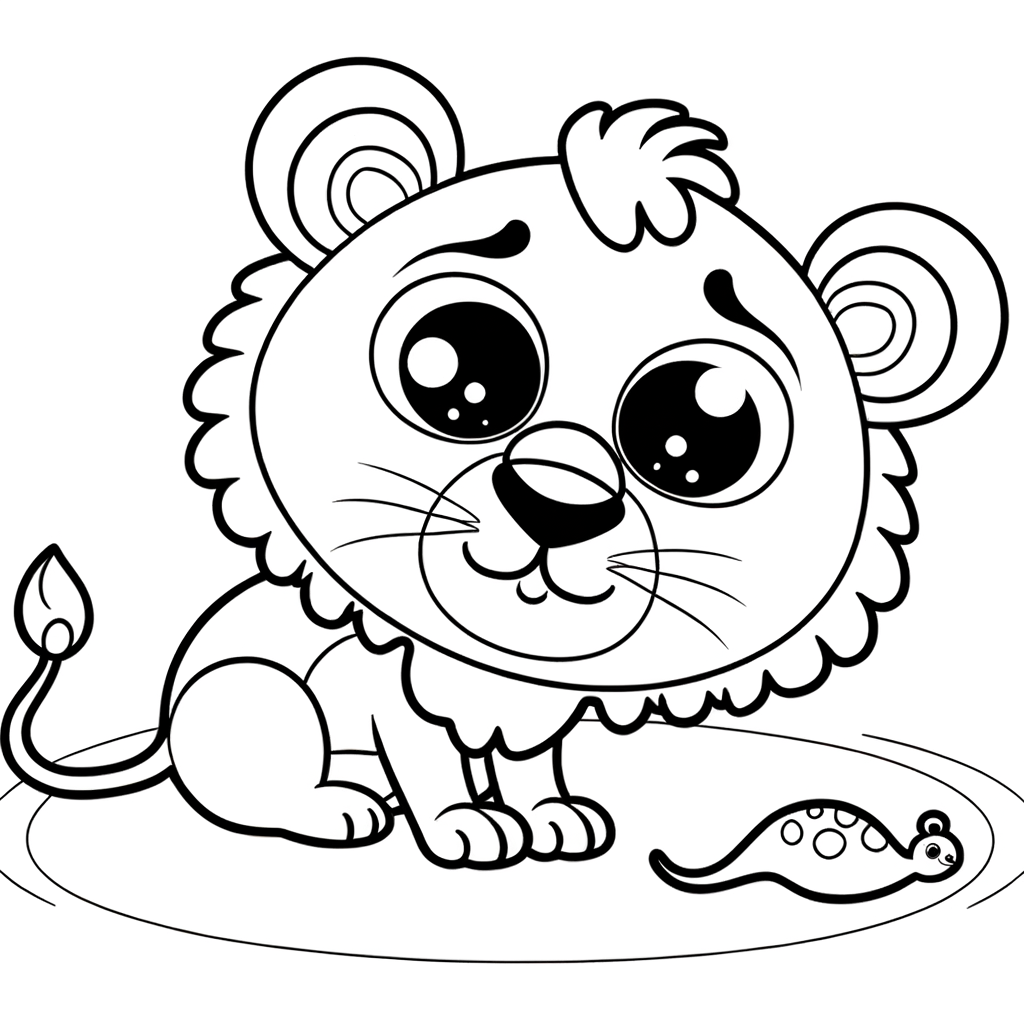 Coloring page illustration of a cute lion cub playing with its mother's tail