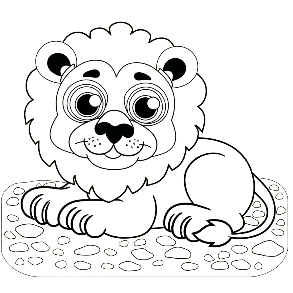 Coloring page illustration of a lion pride with adult lions and cubs resting under shady trees in the African savanna