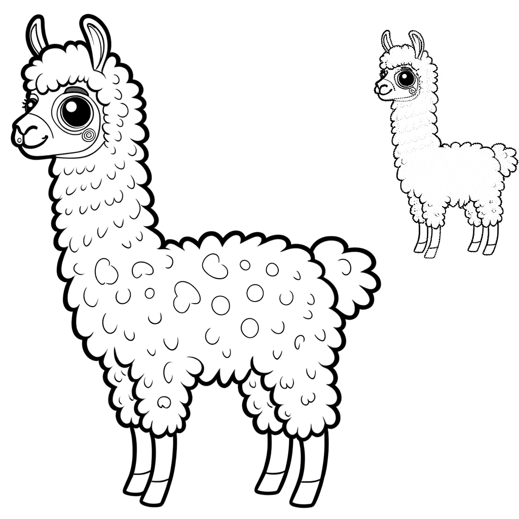 Coloring page of a llama with long neck and fluffy coat outline for kids to color