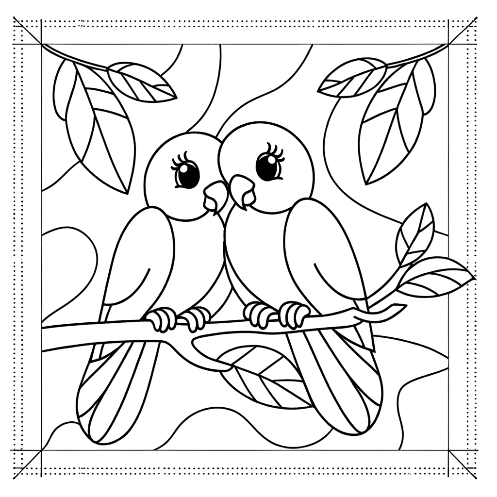Coloring page illustration of two lovebirds perched together on a tree branch