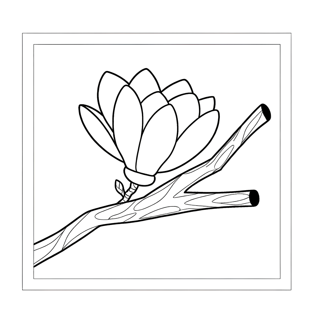 Coloring page illustration of a magnolia flower with large petals blooming on a tree branch with leaves