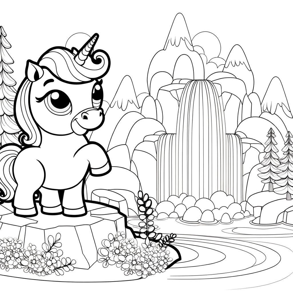Coloring page of a majestic unicorn standing next to a waterfall with flowing water and natural scenery