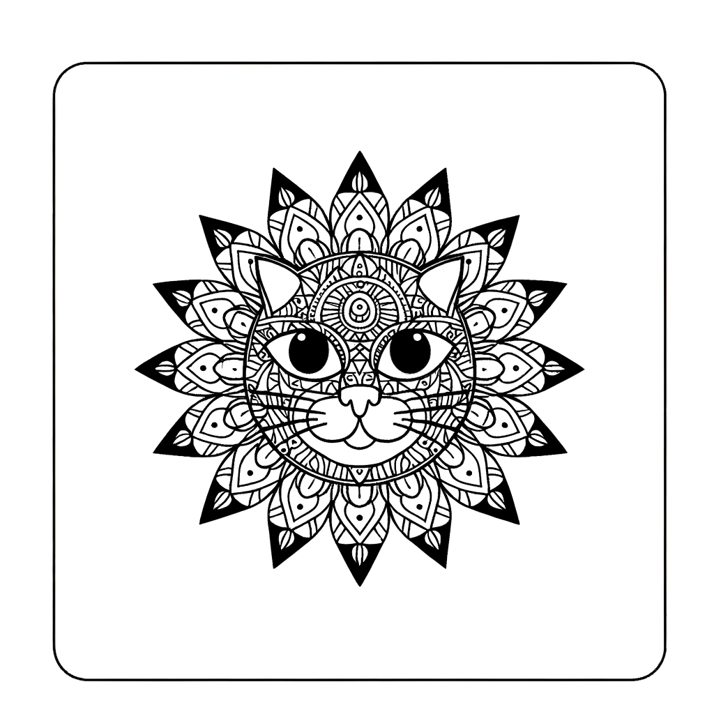Detailed mandala coloring page featuring a cat face with intricate symmetrical patterns