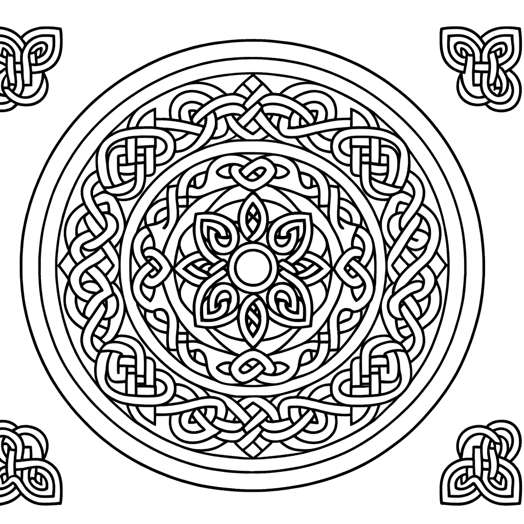 Celtic knot mandala coloring page with intricate interwoven patterns in circular design