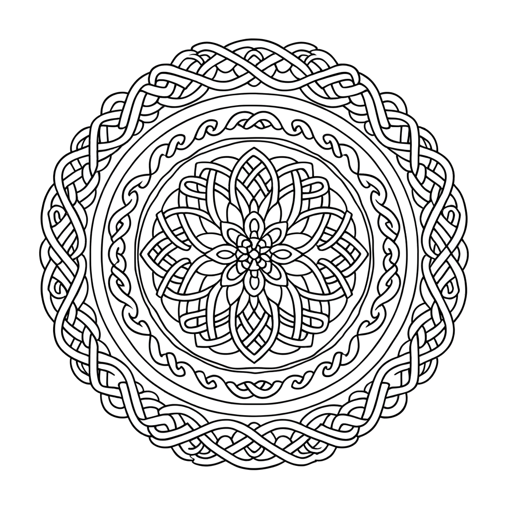 Celtic knot mandala coloring page with intricate circular patterns and traditional Celtic designs