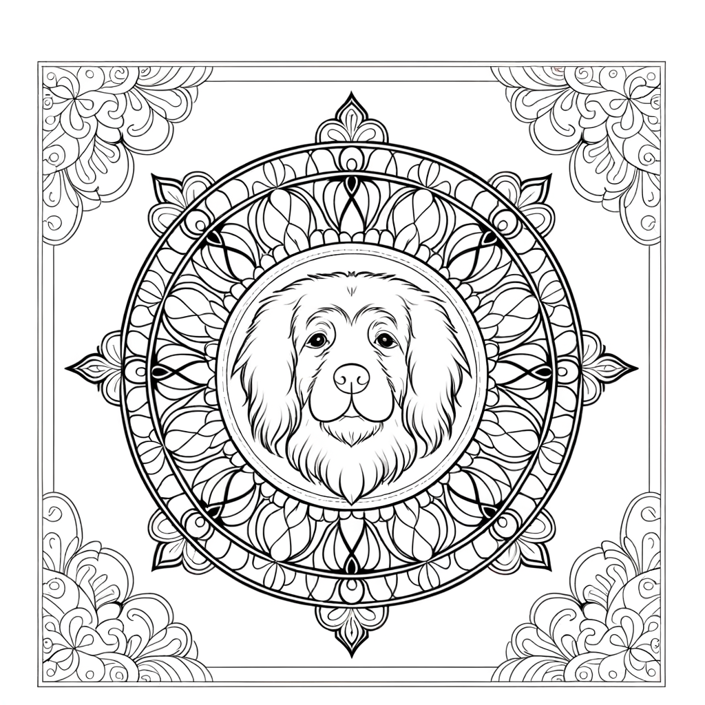 Printable coloring page showing a dog portrait centered in an ornate mandala frame with decorative patterns