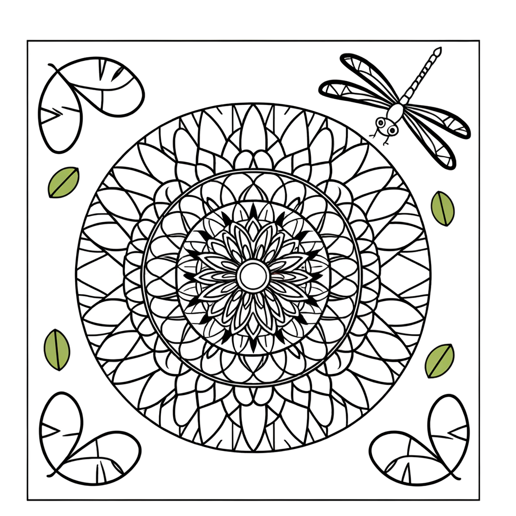 Mandala coloring page featuring dragonflies and lily pads in circular pattern