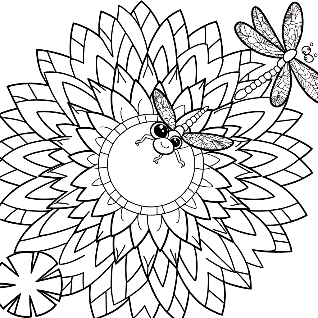 Mandala coloring page with dragonflies and lily pads in circular symmetrical pattern