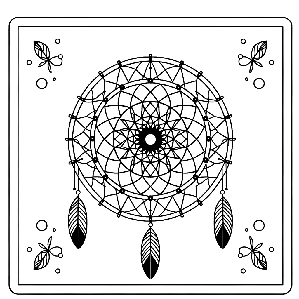 Dreamcatcher mandala coloring page with intricate circular patterns, feathers, and geometric designs