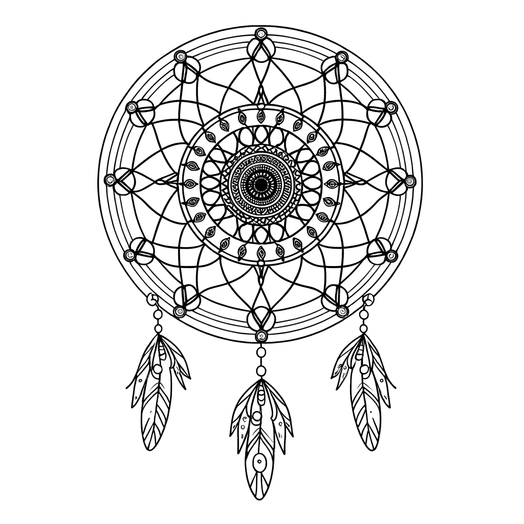 Dreamcatcher mandala coloring page with intricate geometric patterns, feathers, and circular designs