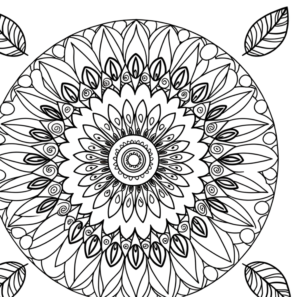 Mandala coloring page with feather patterns radiating outward from center in circular design