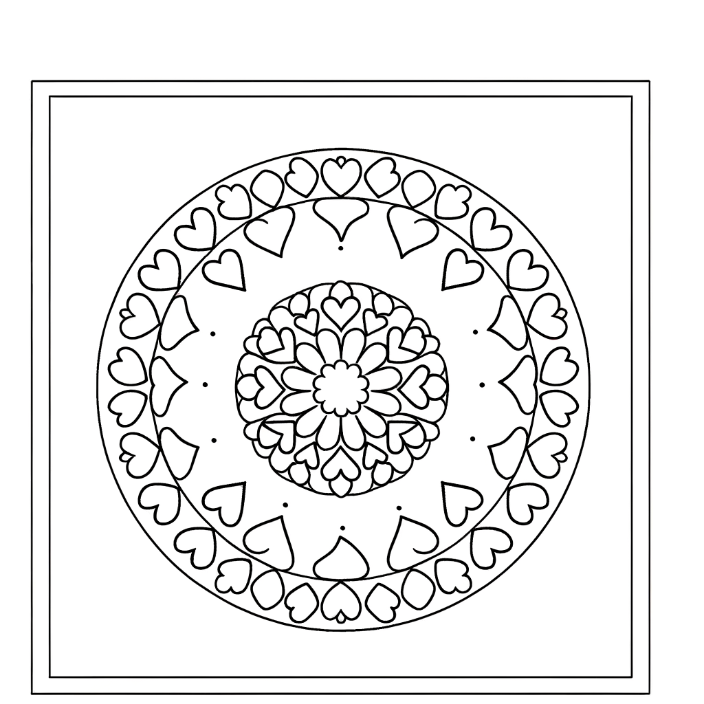Heart mandala coloring page with circular pattern of heart shapes