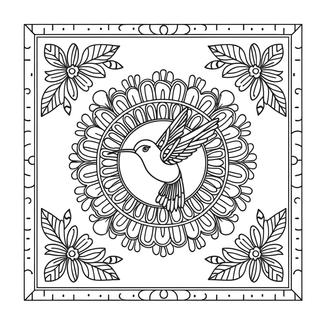 Mandala coloring page featuring a hummingbird surrounded by flowers in an intricate circular pattern
