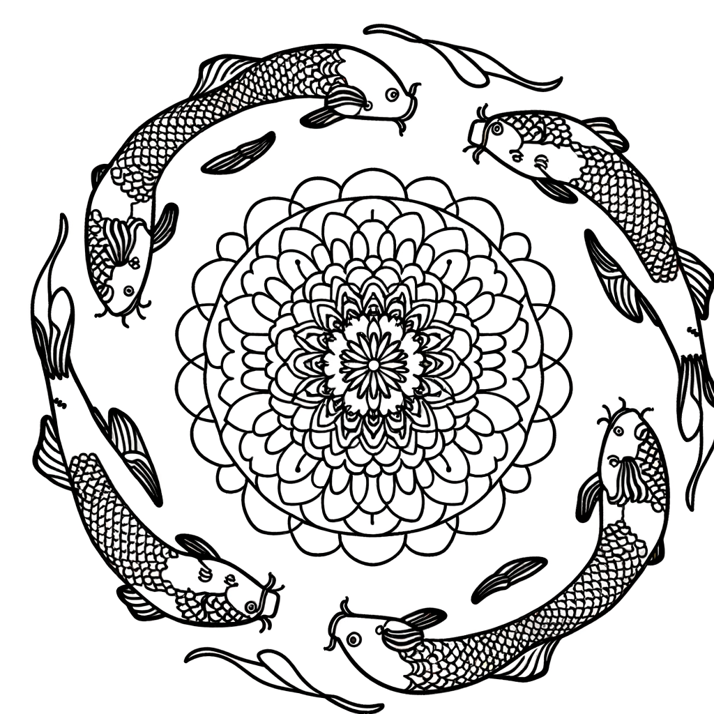 Mandala coloring page with koi fish arranged in circular swimming pattern