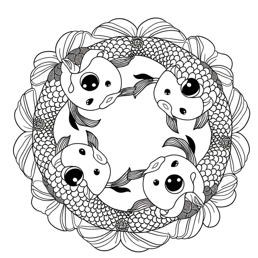 Mandala coloring page with koi fish swimming in circular pattern