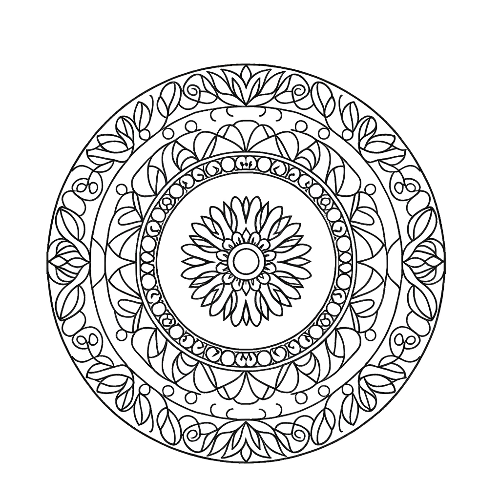Circular mandala coloring page with detailed leaves and vine patterns in symmetrical design