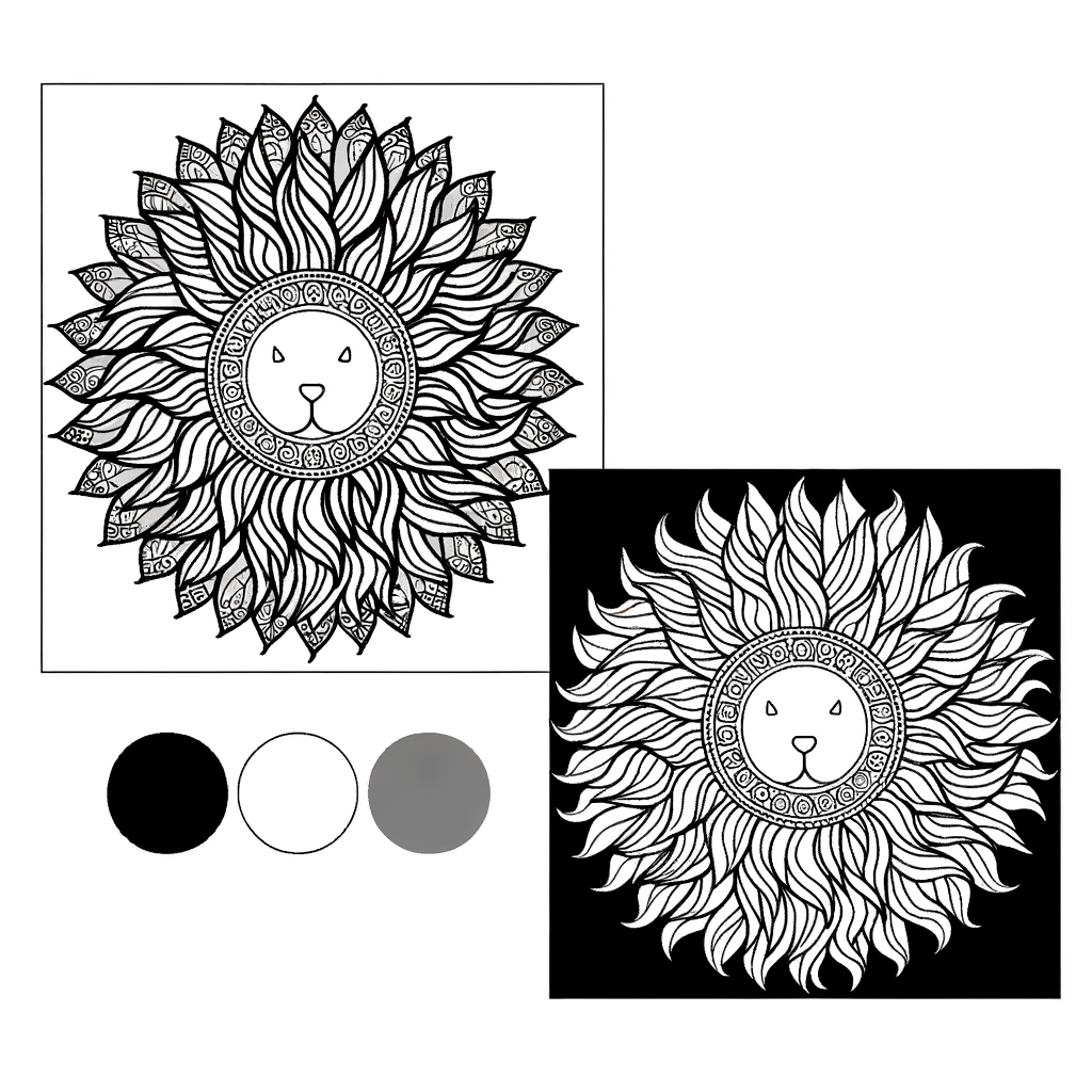 Lion mane mandala coloring page with circular patterns and intricate details