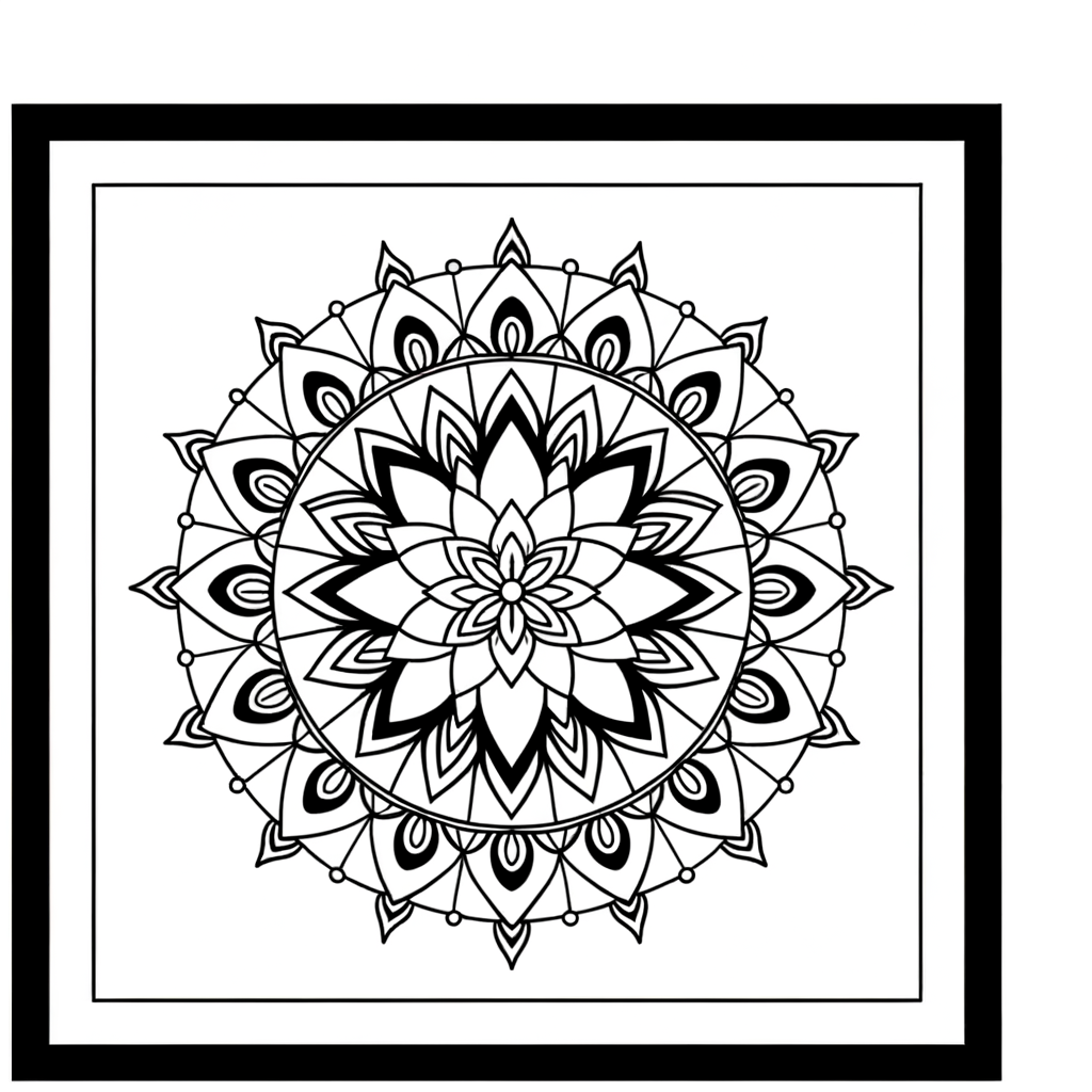 Mandala coloring page with lotus flower center and geometric patterns