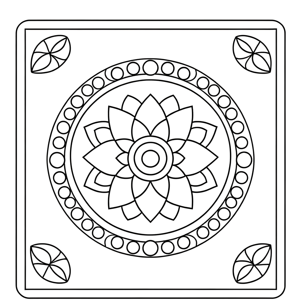 Mandala coloring page with lotus flower center and intricate geometric patterns