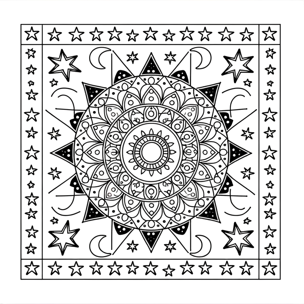 Moon and stars mandala coloring page with intricate geometric patterns and celestial design elements