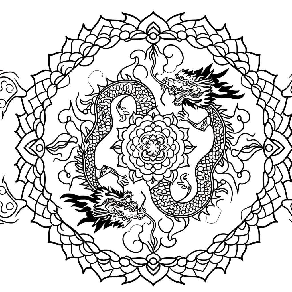 Oriental dragon mandala coloring page with intricate circular patterns and traditional Asian dragon design