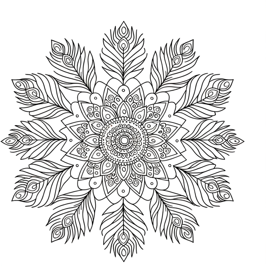 Intricate mandala coloring page with peacock feather inspired patterns and geometric designs