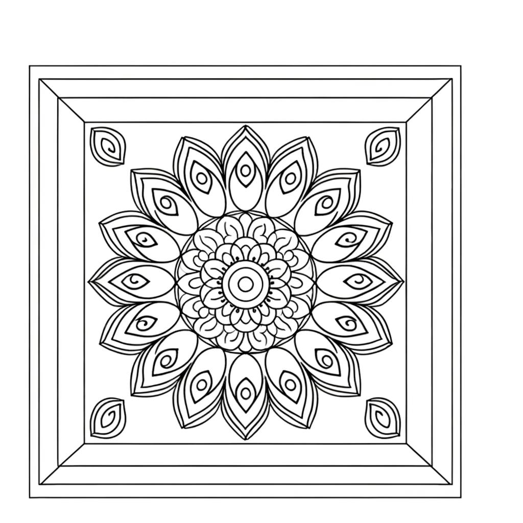 Peacock feather mandala coloring page with intricate symmetrical design featuring peacock plume patterns