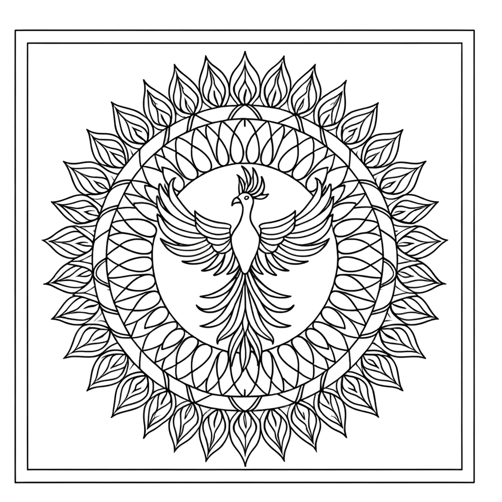 Phoenix bird mandala coloring page with intricate geometric patterns and detailed phoenix at center